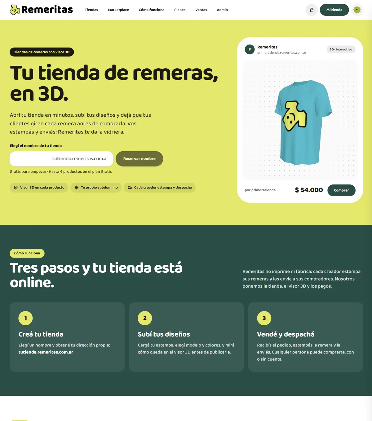Home de Remeritas con una remera en un visor 3D y el buscador de nombre de tienda